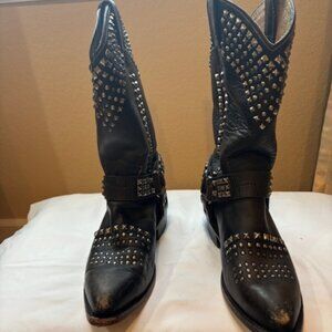 Frye Billy Biker Silver Stud Black Leather Harness Cowboy boots